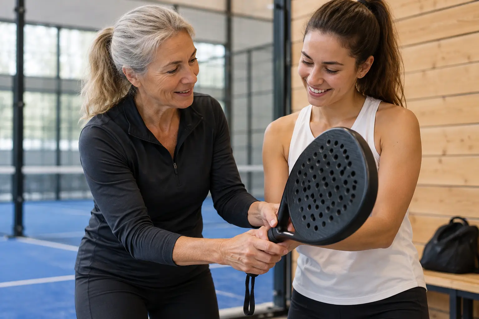 Eine Trainerin begleitet eine Padel-Anfängerin · KI-generierte illustrative Bilder